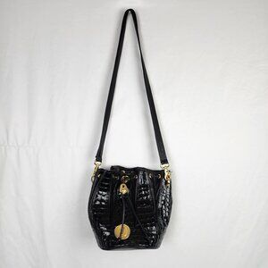 Vintage 80s Croc Embossed Leather Black Drawstring Bucket Bag Gold Caesar Coin